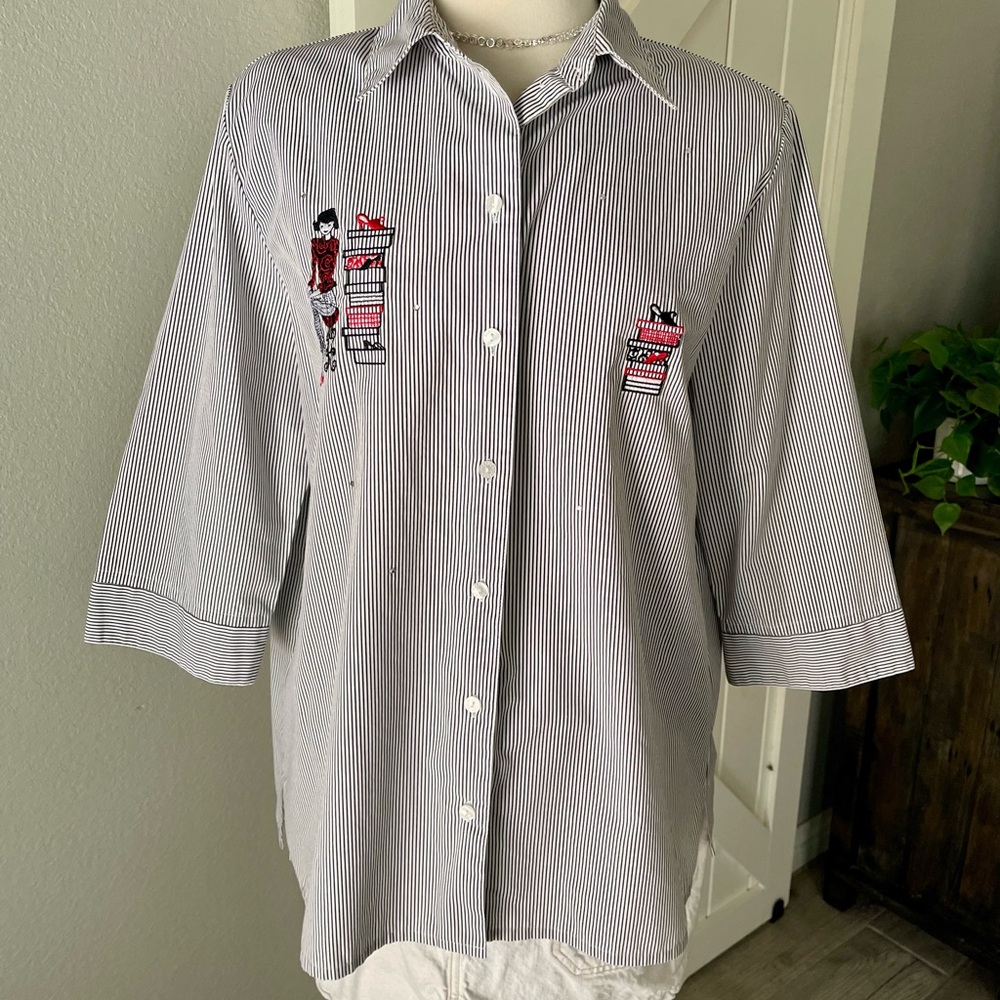 Allison Daley Striped Button-Up Shirt with Embroidered Accents